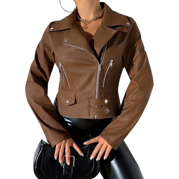 Leather Jacket Women Moto Biker Zip Up Jacket Open Front Coat Outwear - Picture 2 of 5